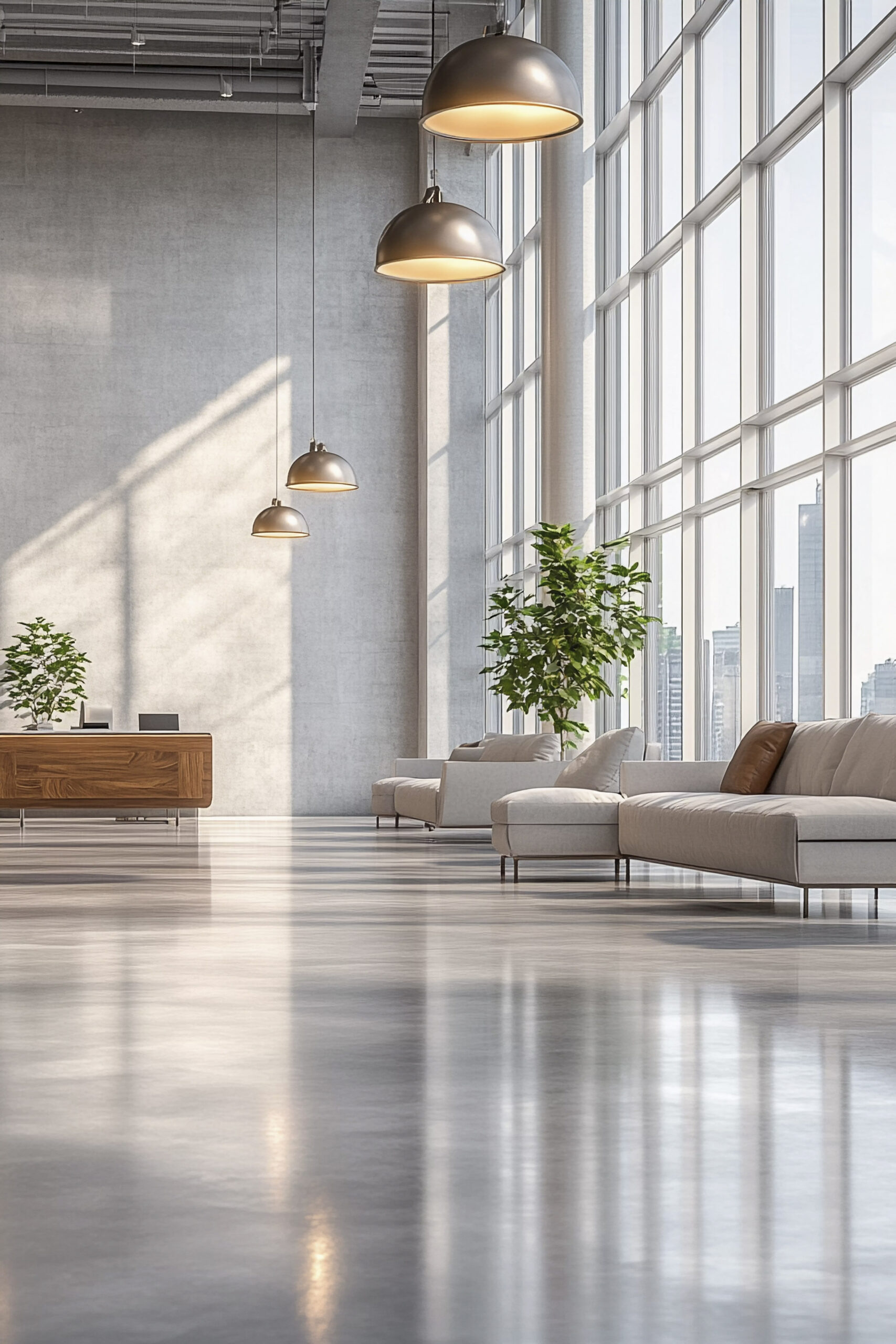 Polished concrete floors in a Greenwich living room, enhancing light and space.