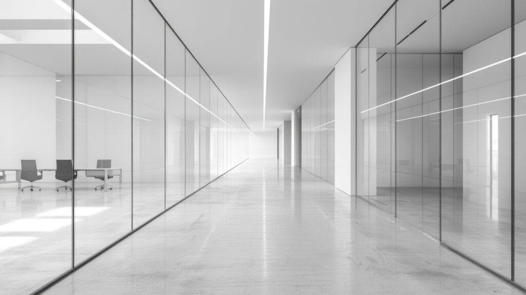 Reflective polished concrete floor enhancing light in a Greenwich office.